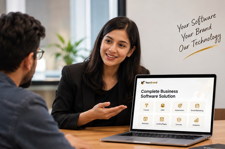 Consultant presenting a complete business software solution to a client